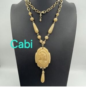 Designer Cabi long chain carved stone cameo pendant necklace quality jewelry